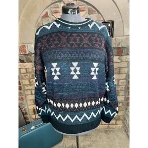 sweater aztec geometric purple blue oversized 1980s